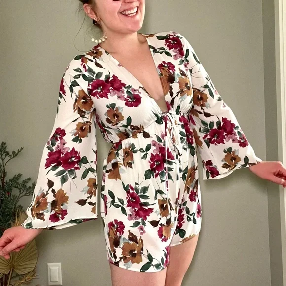 CLOSET SALE Audrey 3 + 1 deep v neck romper with elastic waistband tie - Picture 1 of 7